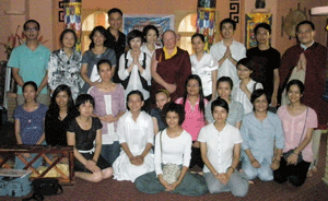 Ven. Zhaxi Zhuoma Rinpoche and Master Sharma with the new disciples after the ceremony