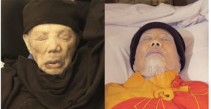 The two contrasting photos of Elder Dharma Master Yin Hai’s flesh body, with one taken at 11 hours after the nirvana showing deep wrinkles on a dry, thin, and very aged face and the other taken on the 24th day after the nirvana that presented a fully-figured, smooth, lustrous, and perfectly majestic visage. A miraculous transformation took place that caused the two pictures to look like two completely different persons. This is the first Vajra-relic flesh-body remains ever known in the history of Buddhism.