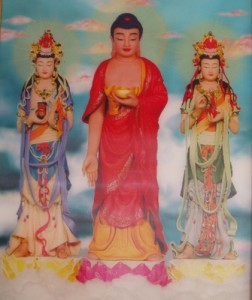 Amitabha Buddha with His two attendant bodhisattvas--Avalokitesvara on the right and Mahasthamaprapta on the left.