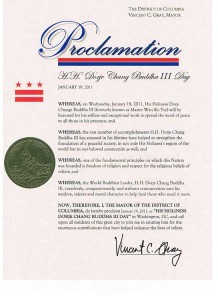 Proclamation from Mayor of the District of Columbia declaring January 19 to be H.H. Dorje Chang Buddha III Day
