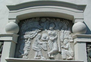 Queen Maya of the Shakya clan giving birth to Prince Gautama in Lumbini, another of the twelve bas-reliefs around the Peace Pagoda.