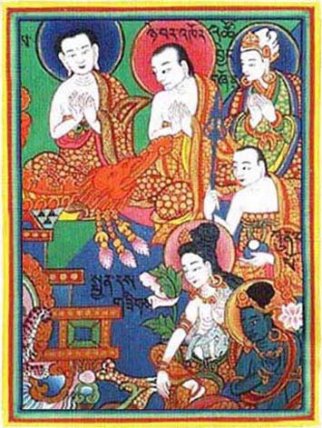 Top row: Kasyapa, Upali, and Jivaka. Middle row: Ananda. Bottom row: Avalokiteshvara and Vajrapani.